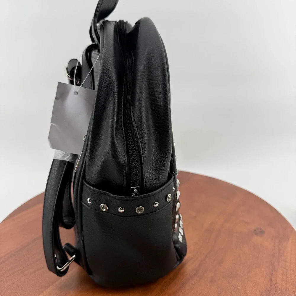 Black Faux Leather Skull Rose Embroidered Studded Mini Backpack Goth Edgy‎ New